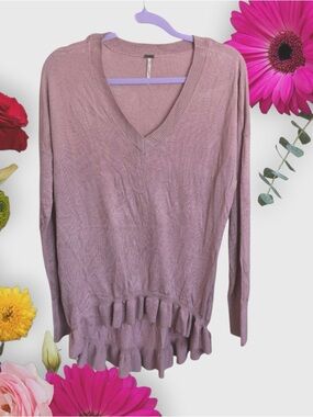 Poof! Mauve V-Neck Ruffle Hem Lightweight Pullover Pink Sweater
